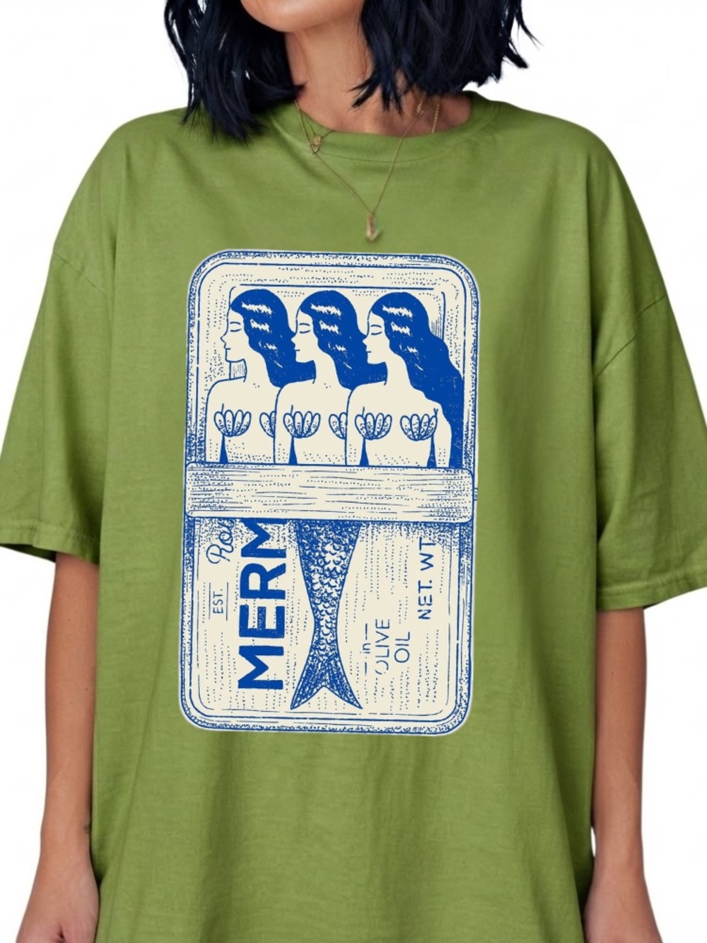 Mermaid Sardine Tin Olive Oil Seafood Retro Vintage Sage Green T-Shirt